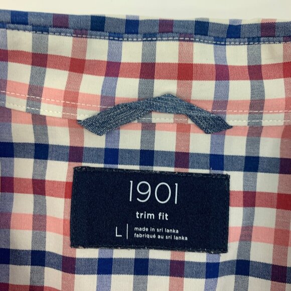 1901 Shirt Mens L Large Trim Fit Multi Red Blue Cotton Checkered Button Down - Picture 5 of 11